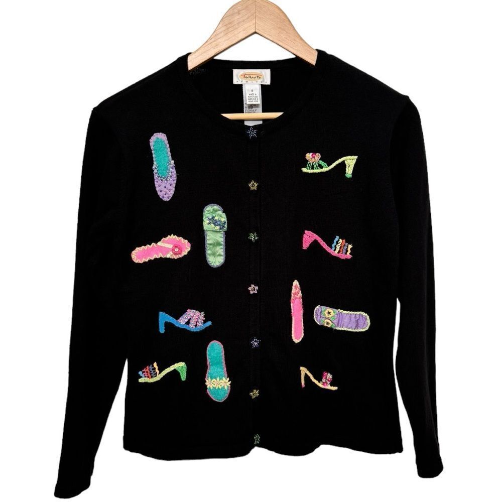 Talbots Petites Vintage Embroidered Shoes Heels Novelty Cardigan Sweater. Small.